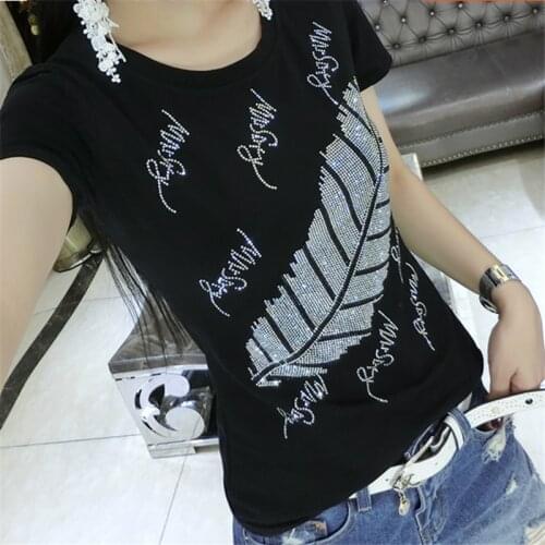 Hot Diamond T-Shirts 2021 Summer New woman Short Sleeve Rhinestone tshirt Women Tops plus size xxxl vetement femme black tees