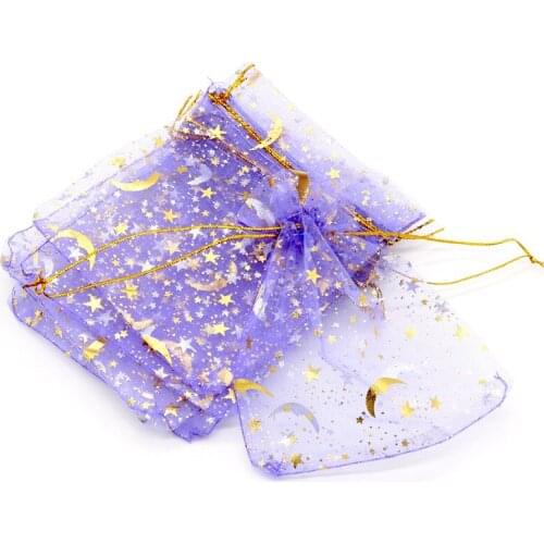 100pcs/Lot Organza Pouches Bronzing Star Moon Mesh Storage Bags Wedding Candy Drawstring Pockets Cosmetic Jewelry Packaging Bag