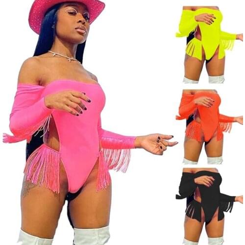 Ready to ship Fashion Sexy Solid Tassel Swimwears Off shoulder One Piece Long Sleeve Women Backless Tassel Sexy Swim Wear