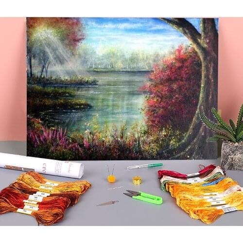 Natural Scenery Serene Waters Pre-Printed 11CT Cross-Stitch Embroidery Full Kit DMC Threads Hobby Sewing Painting Package