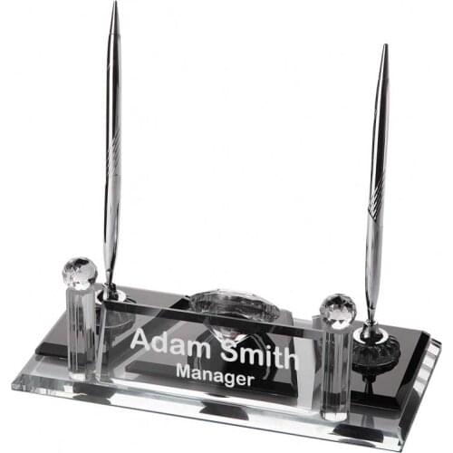 Crystal Glass Desk Name Plate and Pen Desk Stand Set - Personalized Name Plate, Crystal Clock, Custom Engraved Awards, Teachers