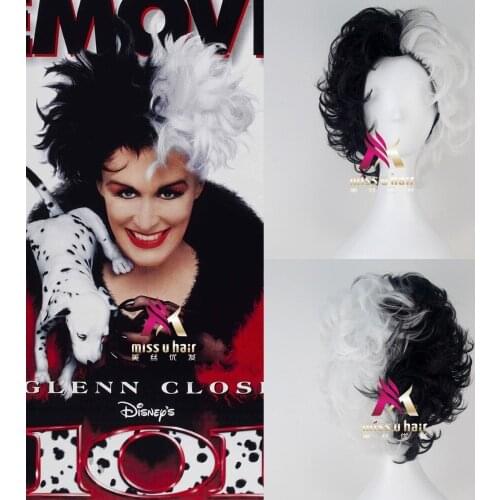 New Black And White Fluffy Short Layered Synthetic Wigs 101 Dalmatians Cruella Devil Cosplay Costume Wig +wig cap
