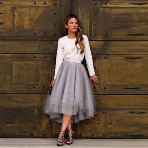 New Arrival Gray Tulle Skirt Smooth Satin Waistline Tee Length High Low Skirt Tiered Layered Asymmetrical Skirts Women Casual