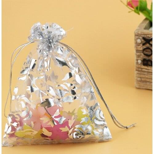 Wholesale 500pcs High Quality 11x16cm Small Silver Rose Print Organza Bag White Wedding Gift Candy Bags Jewelry Package Pouch