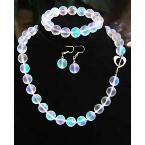 8mm White Gleamy Rainbow Moonstone Round Beads Necklace +Bracelet + Earrings Set Jewelry