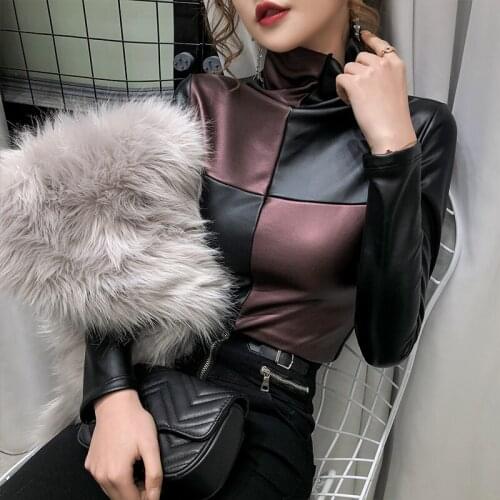 Casual PU Leather Patchwork Tops Female Ladies Streetwear Long Sleeve Turtleneck Skinny T Shirt Skinny Slim Fit Pullover Tops