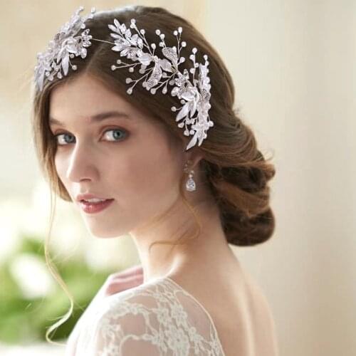 Romantic Alloy Leaf Bridal Tiara Wedding Headpieces Pearl Hair Jewelry Crystal Bridal Tiara Wedding Hair Ornaments for Women