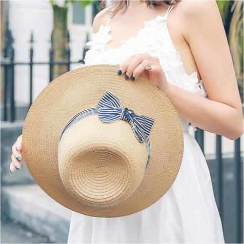 Panama Hat Simple Summer Beach Hat Female Casual Lady Women Flat Brim Bowknot Straw Cap Girls Sun Hat Chapeu Feminino 2021