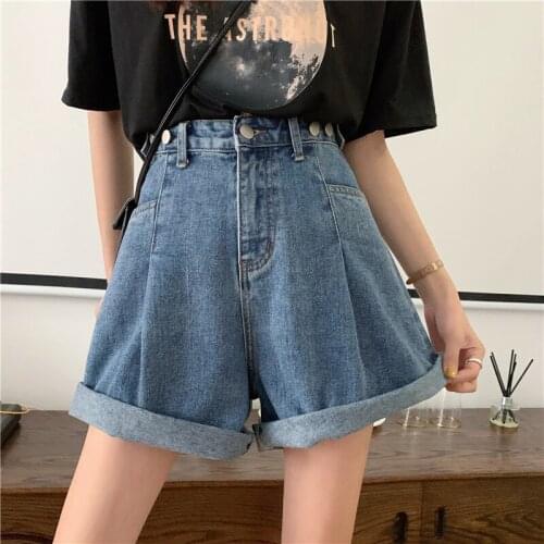 2021 summer blue five-point jeans high waist button waist shorts womens casual loose large size wide leg shorts denim hot pants