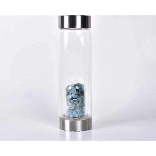 Natural Quartz Glass Infused Crystal Aquamarine Gemstone sport Water Bottle With Crystal