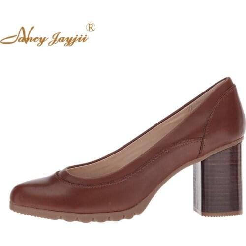 Maroon Chocolate Mid High Wood Print Chunky Heels Slip On Comfortable Retro Pumps Round Toe Dress Leisure Women Shoes 2019
