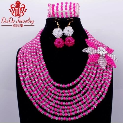 Splendid African Beads Jewelry Sets 9 Layers Hot Pink / Fuchsia Nigerian Costume Jewelry Sets Free Shipping 2018 3Pics Fashion