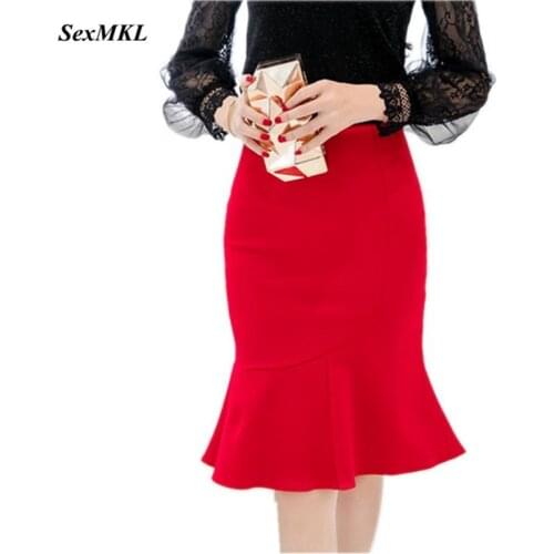 SEXMKL Plus Size Women Red Pencil Skirt Faldas Mujer Moda 2020 Korean Elegant Sexy Ruffle Skirt Ladies High Waist Black Skirt