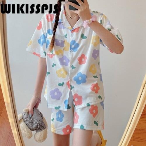 WIKISSPJS Pajamas Womens 2021 New Summer Home Wear Two Piece Set Pajamas for Teen Girls Kawaii Pajama Sleepwear Lounge Wear
