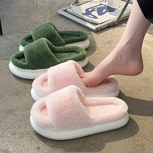 Winter House Women Fur Slippers Fuzzy Warm Plush Flat Shoes Female Luxury Fluffy Slippers Open Toe Sandals Non-slip Girls Shoes