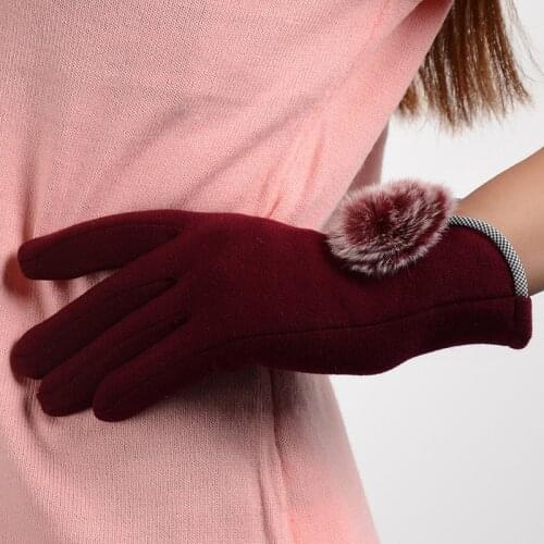 Women Winter Fashion Simple Style Keep Warm Touch Screen Plus Velvet InsideHairball Windproof Cycling Elasticity Soft Gloves