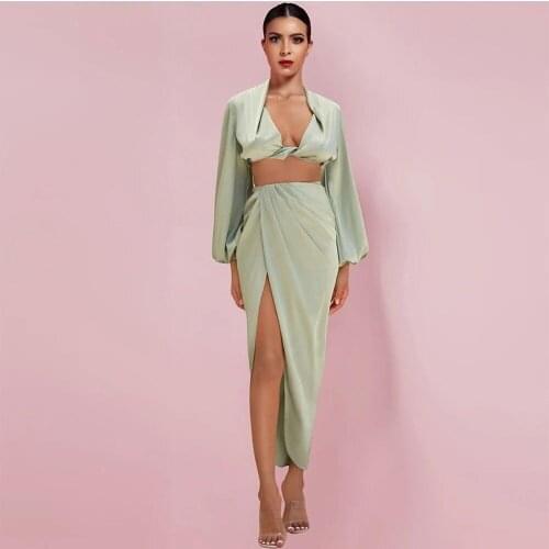 Women 2 Piece Summer Set Long Lantern Sleeve Green Top And Skirt Sexy Women Clothing 2020