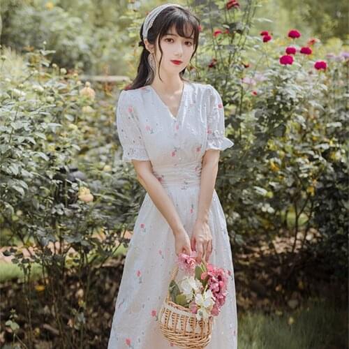 Women French Retro Small Fresh Sweet Puff Sleeve Dress Summer V-neck Hollow Jacquard Embroidered First Love Dress