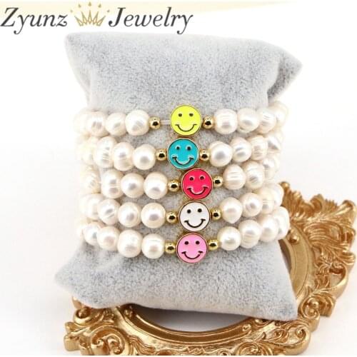 5PCS, Enamel Metal Copper Smiley Face Pearl Bracelet | Pearl Bracelet | Elastic Bracelet | Smile Bracelet