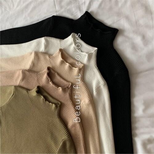 AOSSVIAO 2021 Women Autumn Knitted Slim Sweaters Solid Knitted Female Cotton Soft Elastic Color Pullovers Full Sleeve Turtleneck