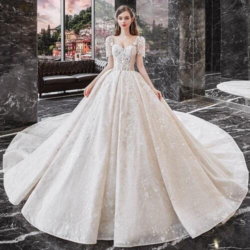 Ball Gown Wedding Dresses for Women O-Neck Lace Wedding Gowns Court Train Customize Bridal Dresses With Short Sleeves