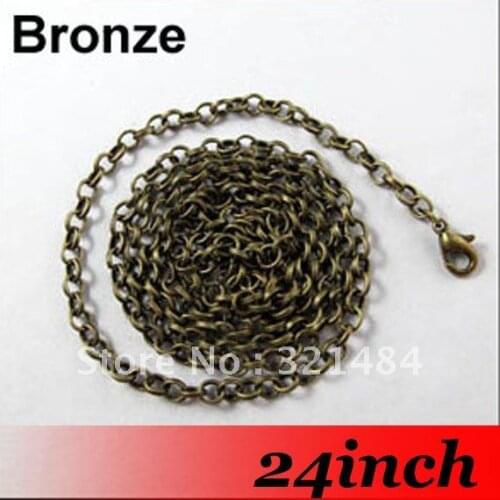 Free Ship! 100PCS 3mm 24'' Antique bronze Metal Jewelry Link Cross Rolo Chain Necklace With Lobster clasp For Pendant Findings