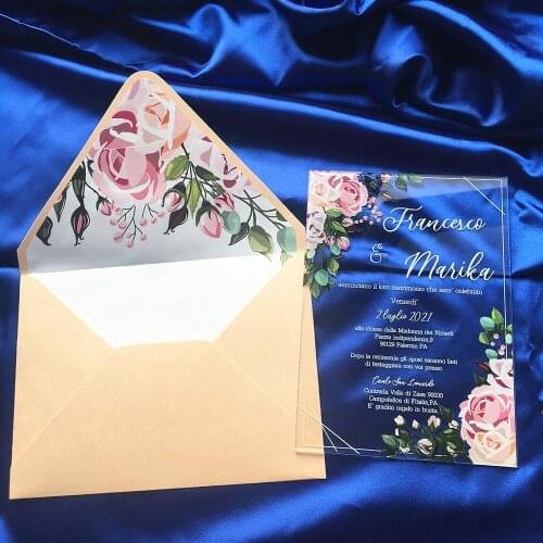 Free Shipping Good Quality Flower Paper Envelop Wedding Invitation Card Personalize White Words Print Acrylique Invitations