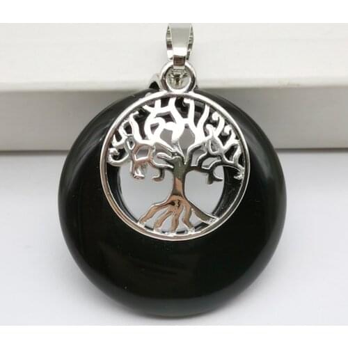 Black Obsidian Stone GEM Circle Tree of life Pendant Woman Jewelry S305