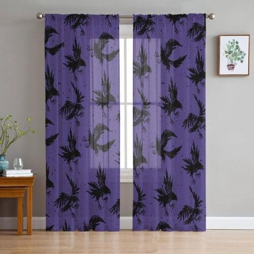 Halloween Crow Silhouette Purple Sheer Curtains for Living Room Bedroom Tulle Window Drapes for Kitchen Decoration