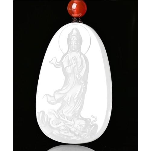 Fine Jewelry Clin-kk Superb Sculpture White Jade Dragon Kwan-Yin Guan Yin Bodhisattva Buddha Necklace Pendant