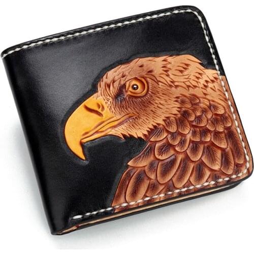 Handmade Short Carving Eagle Wallets Purses Women Men Clutch Vegetable Tanned Leather Wallet Card Holder Cartera Hombre