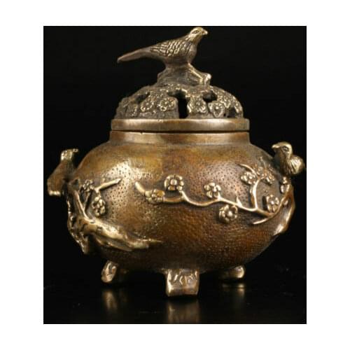 12cm Collection Old Brass Plum Flower Bird Lid Censer Incense Burner