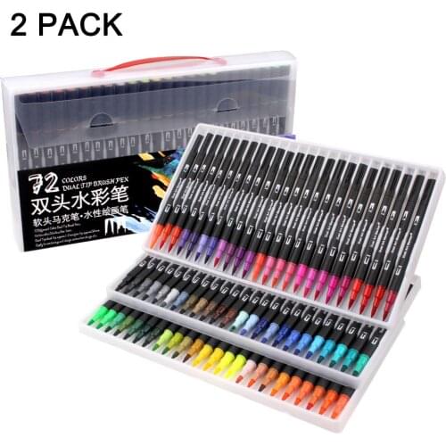 2 PACK 72 Colors Watercolor Markers Brush Pen Dual Tip Fineliner Drawing Pens Coloring Manga School Supplies