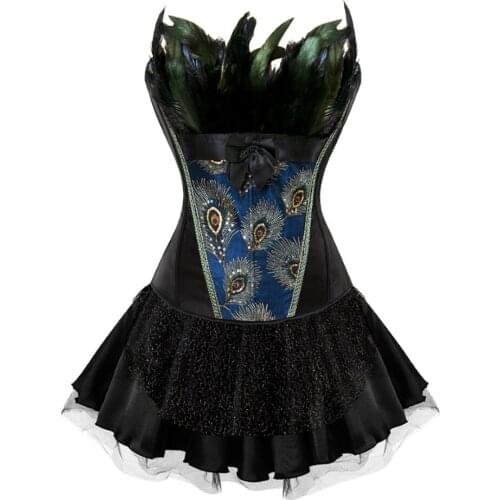 Fashion Court Prom Shapewear Sexy Ladies Corset Dress Feather Overbust Corsets And Skirt Suit S-6XL