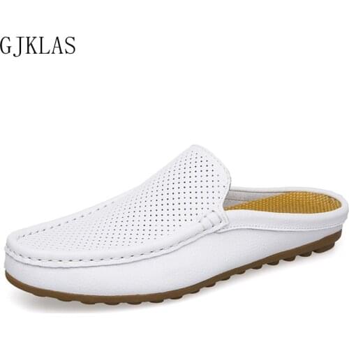 Half Slippers Men Shoes Leather Genuine Summer Slippers for Men Casual Hollow Out Comfy Oxford Mens Slippers Outdoor Mules Homme