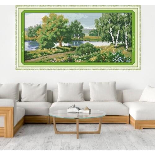 Green Trees Along the River Cross Stitch Kits 11CT Printed Fabric 14CT Counted Canvas DMC Chinese Cross-stitch Embroidery Set