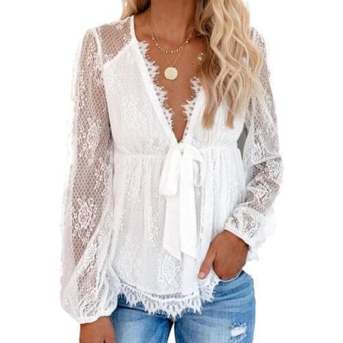 New Lace Embroidery Stitching Lace Bow Tie Long-sleeved Shirt White Black Chiffon Tops