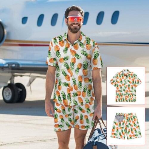 New Casual Suit Mens Hawaiian Beach Summer Sets Fruit pineapple Print Hawaiian Style Shirt Elastic Shorts Vacation Two Piece