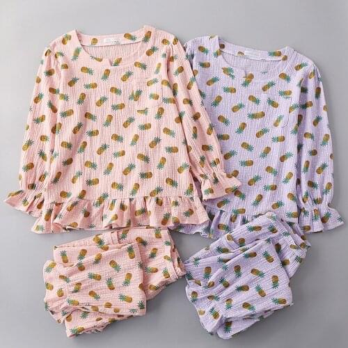 New Womens Cotton Crepe Yarn Lace Long-sleeved Trousers Home Wear Pajamas Suit Round Neck Pyjamas Women Pijamas Printing Pjs