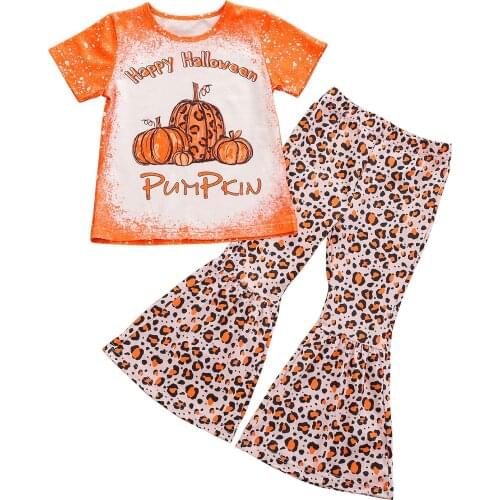 1-5Y Toddler Kids Baby Girl Short Sleeve Pumpkin Cotton T-shirt Tops Leopard Flared Pant 2PCS Halloween Clothes Set
