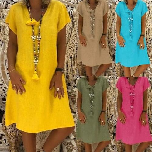 NEW Women Dress Solid Color V Neck Cotton Dress Casual Holiday Beach Sundress Dress Fashion Beach Vestidos Mujer 2020 Plus Size