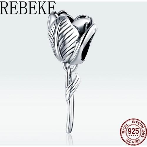 Fit bangle bracelet original retro tulip charm 925 sterling silver beads woman jewelry pendant DIY fashion birthday gift making