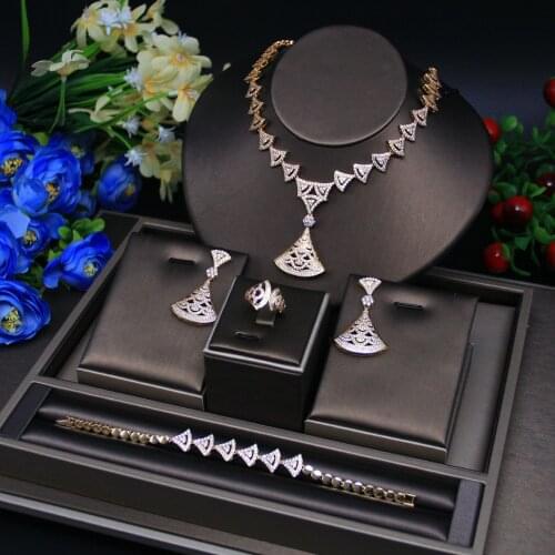 Luxury Cubic Zirconia Necklace Bracelet Earrings and Ring 4 Pcs Dubai Full Jewelry Set for Women,Bridal Dress Dinner