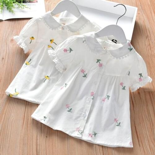Cute Girls Shirts Spring Summer Childrens Clothing Baby Girl Flower Embroidery Sweet Short Sleeve Blouse Tops Kids Gifts