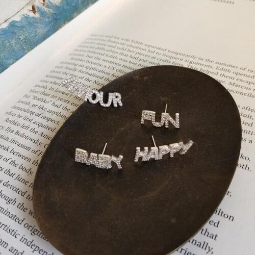 925 Sterling Silver Jewelry Cubic Zircon Letters HAPPY FREE LOVE WILD ROCK CRAZY SMILE FUN BABY AMOUR EARRINGS Stud Earrings