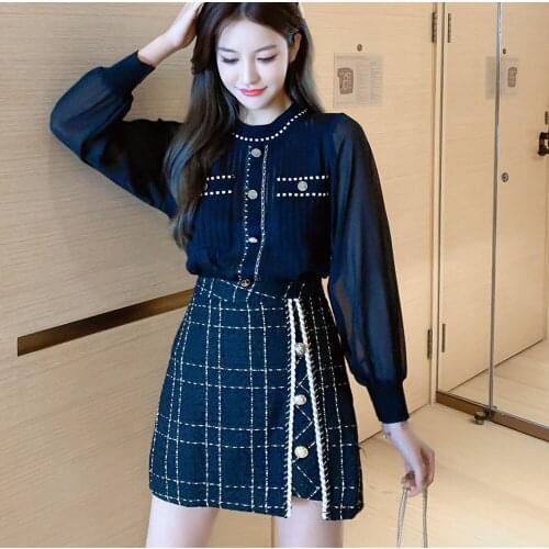 SMTHMA Casual Fashion 2 Pcs Women Set Chiffon Patchwork Long Sleeve Knit Top + High Waist Tweed Wool Plaid Skirt Suit