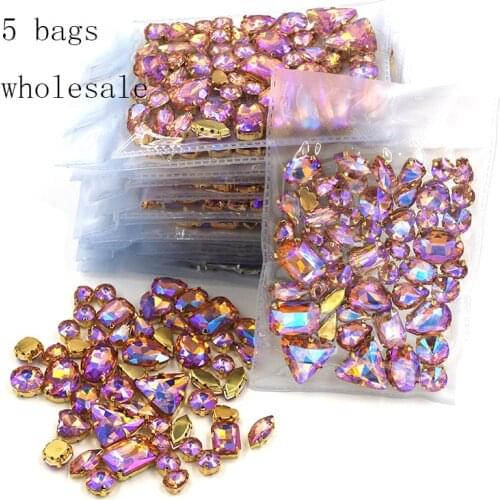 New arrival Wholesale 5 bags mixed shape sew on glass crystal Water red AB rhinestones gold base for clothing/dress