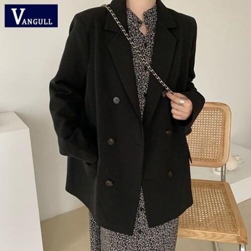 Vangull Vintage Women Blazer Black New Suit Jacket Y2K Autumn Loose Office Lady Blasers Long Sleeve Turn-down Collar Female Coat