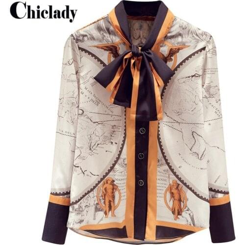 CHICLADY chain floral printed long sleeve satin casual shirt women office lady bow lace up single breasted blouse tops femme za