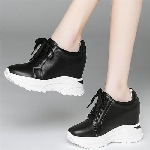 10cm High Heel Creepers Women Genuine Leather Hidden Wedges Ankle Boots Female Lace Up Round Toe Fashion Sneakers Casual Shoes